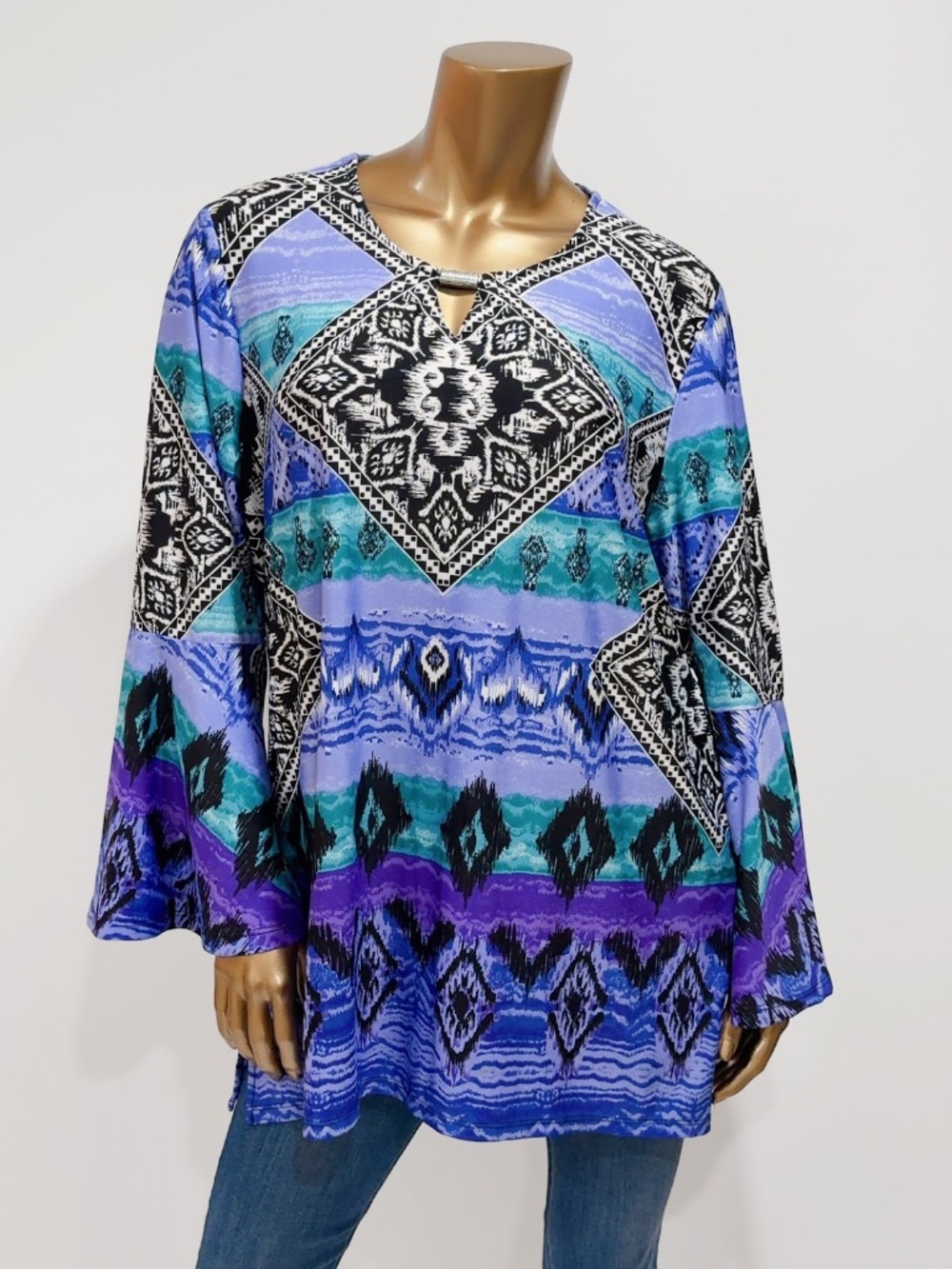 N Touch Women's Purple Multicolor Bell Sleeve Tunic Top Blouse Size L